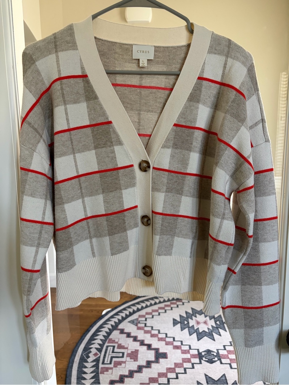 Cyrus Cream, Gray & Orange Plaid Button-Front Cardigan